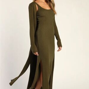 Layer Lover Olive Ribbed Knit Two-Piece Dress & Cardigan Set